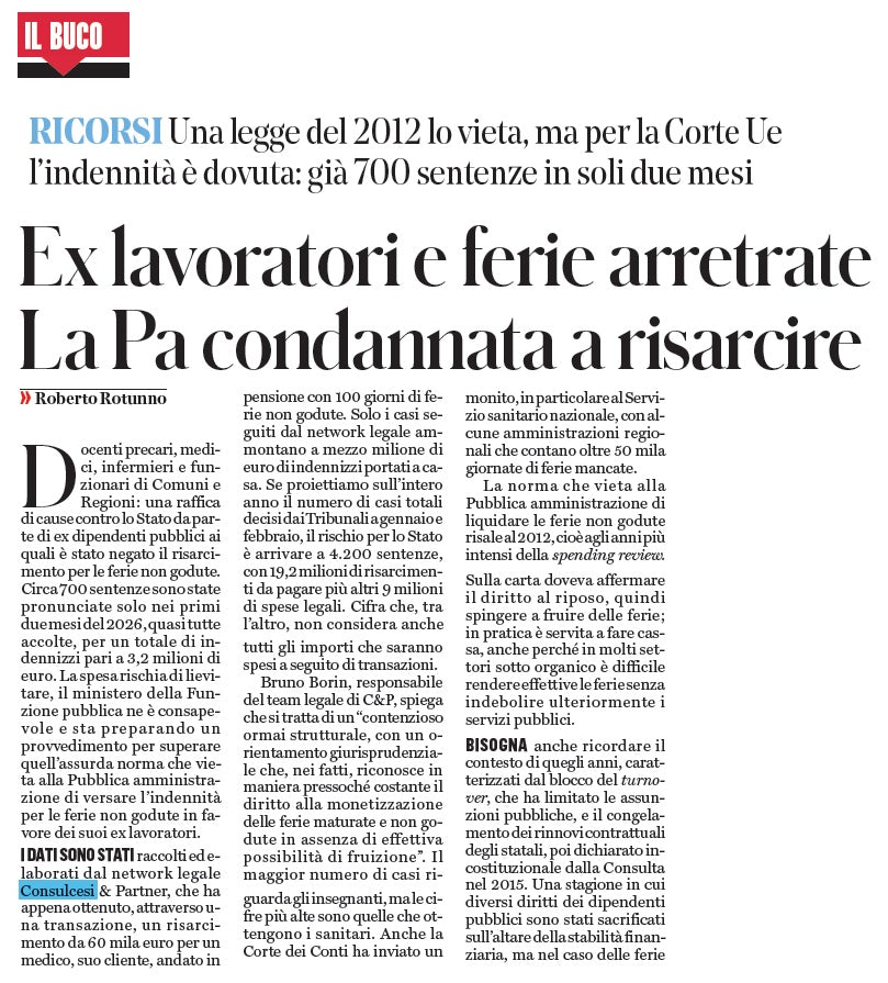 Ferie non godute nella PA: 700 sentenze nel 2026, cresce il rischio risarcimenti